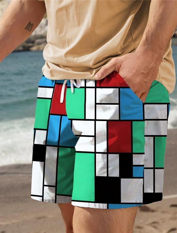 Pantalones cortos de tablero con estampado 3D para hombre, Shorts a cuadros con bolsillo y cordón, cómodos, transpirables, Estilo Hawaiano Aloha para vacaciones