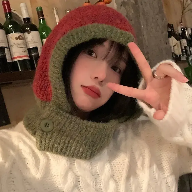 Japanse Retro Bivakmuts Vrouwen Sjaal Winter Muts En Hals Koude Proof Warm Gebreide Muts Dames Mode Kleur Bijpassende Dameshoeden