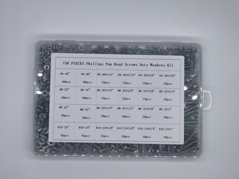 750 Pcs #4-40#6-32#8-32#10-24Phillips Pan Head Assortment Stainless Steel Bolts Nuts Flat Washers Nuts Bolts 304 Stainless Steel