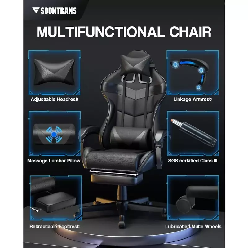 Computers tuhl Büro ergonomischer Gamer Stuhl schwarze Gaming-Stühle mit Fuß stütze mobiler Sessel entspannende Rückenlehne liegend Räder