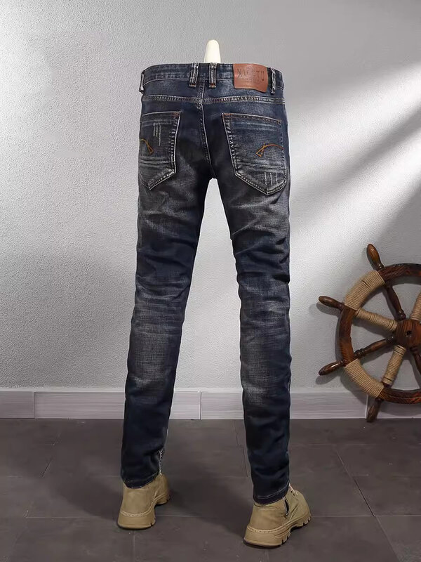 Новые дизайнерские модные мужские джинсы высокого качества ретро темно-синие эластичные облегающие рваные джинсы мужские брюки винтажные джинсовые брюки