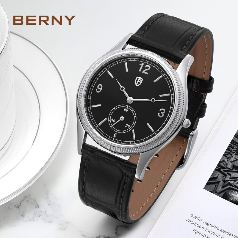 Berny-男性と女性のための本革クォーツ時計、女性のためのシンプルな腕時計、超薄型、読みやすく、ドレス、38mm