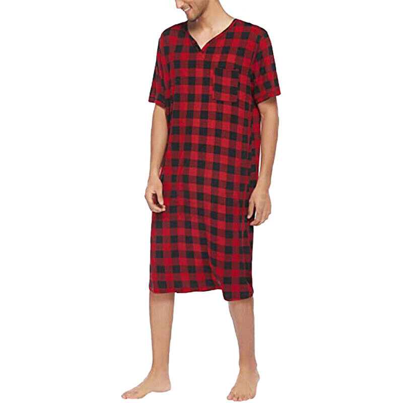 Mens Nightdress Lattice Printed Short Sleeve V Neck Top Shirt Nightshirt Siamese Sleepwear Casual Loose Home Wear
