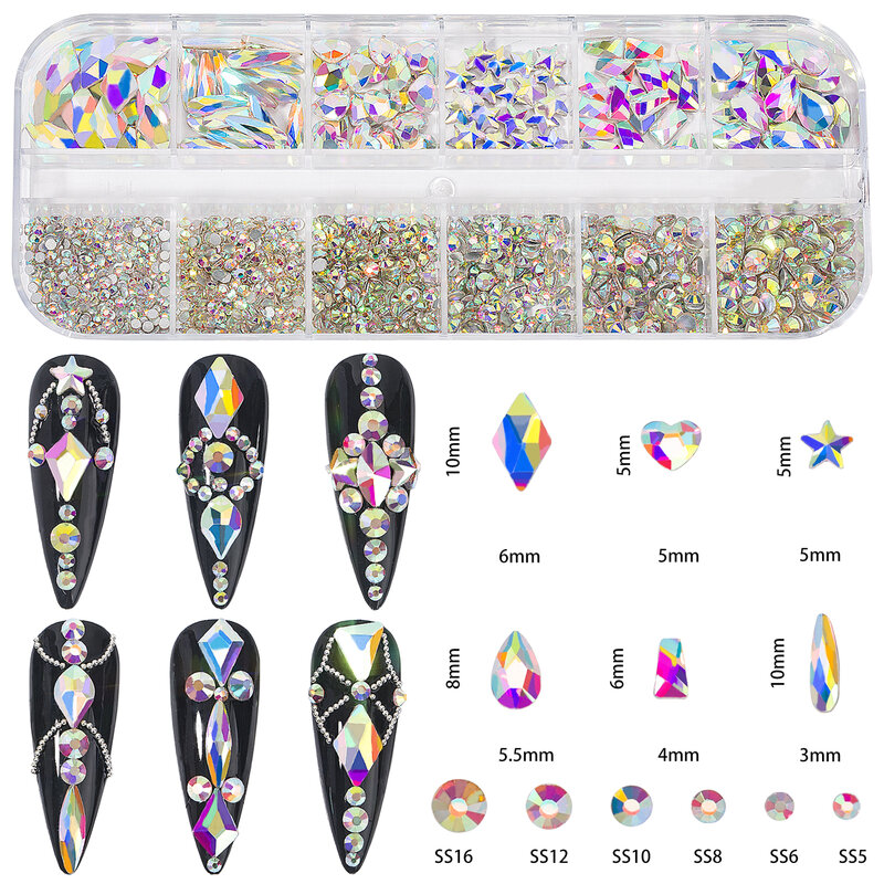 3D Nail art Strass 12Gird Box Multi Farbe AB Gemischte Größe DIY Flatback Kristall Edelsteine 3D Glitter Luxuriöse Nagel dekorationen