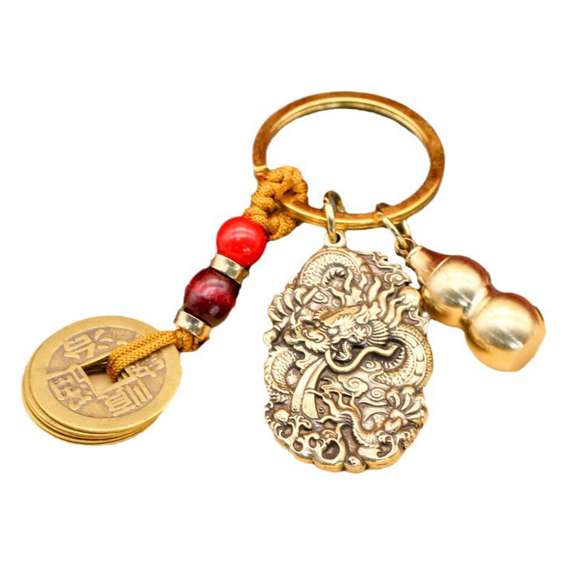 Vintage Brass Beast Dragon Lucky Rope Keychain, Dragão do zodíaco chinês, Corrente chave do carro, Pingente, Bolsa, Feng Shui, Presente de suspensão