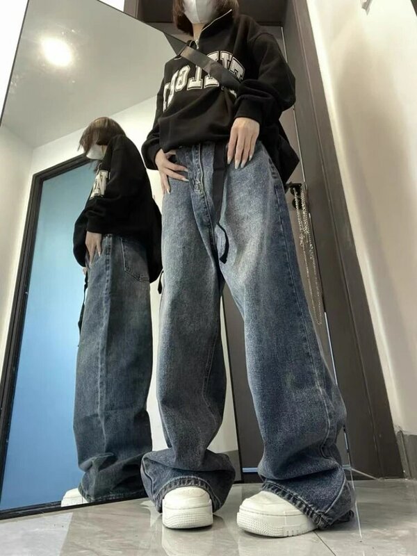 QWEEK Y2k Jeans larghi donna Vintage a vita alta Harajuku pantaloni a gamba larga coreano Streetwear pantaloni dritti Casual Oversize in Denim