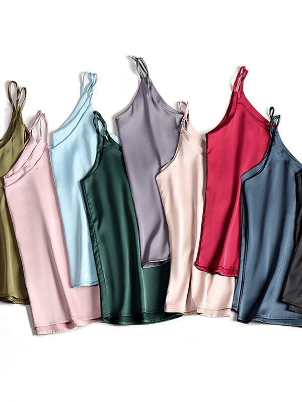 Camisola feminina com alça de espaguete, gola V, cami branca básica, sem mangas, tops de seda cetim, camisola feminina de verão, 2024