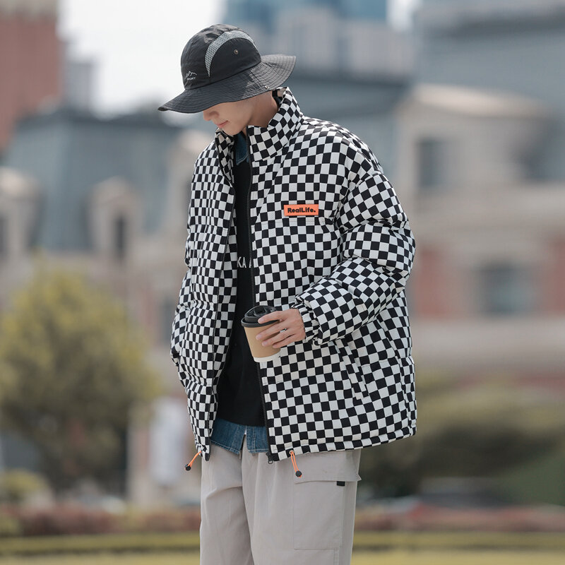 ฤดูหนาว Streetwear ขนาดใหญ่ลายสก๊อตเสื้อฟองสไตล์ญี่ปุ่นใหม่ Retro Parkas Contrast ลายสก๊อตปักเป้าแจ็คเก็ตสามีชาย