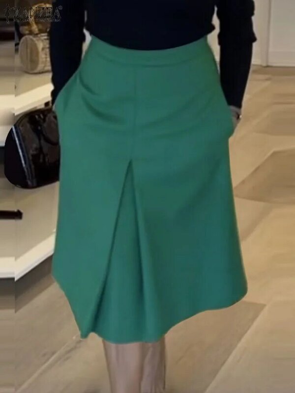 ZANZEA Elegant Summer Skirts Women 2024 High Waist Fashion Solid Color Bottom Pockets Casual Pleated Knee-length Skirts Oversize