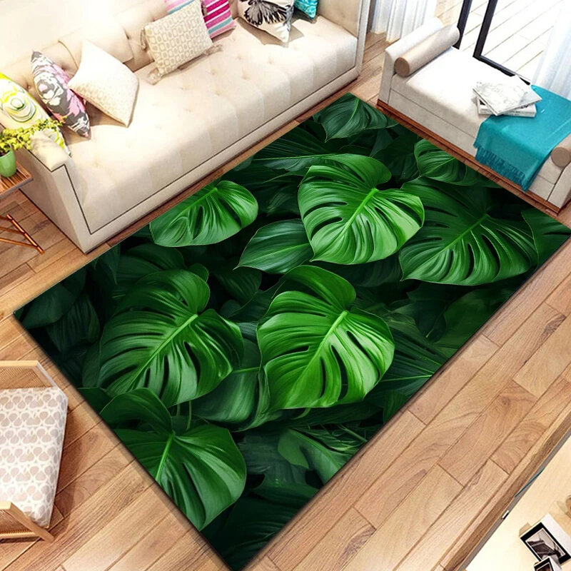 Summer Tropical Leaves Carpet Monstera Leaves Area Rug for Men Women Living Room Bedroom Decor Doormat, Hawaiian Leaf Floor Mat