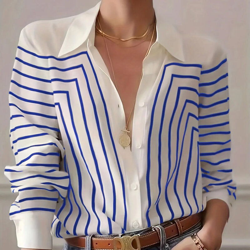 Chemise à manches longues pour femme, décontractée, personnalisée, lignes noires et blanches élégantes, impression 3D, grande taille, mince, été, nouveau, 2024