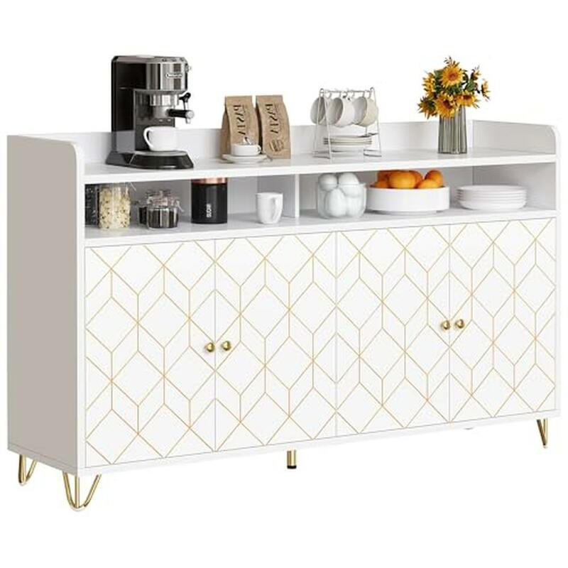 Moderno aparador Buffet Cabinet, Coffee Bar, unidade de armazenamento com prateleiras ajustáveis, guarnição dourada, 300lbs, design elegante, cozinha, jantar