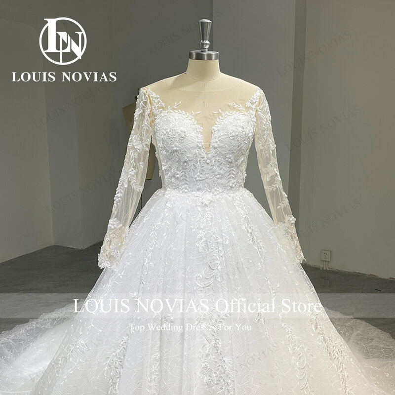 LOUIS NOVIAS-فستان زفاف بأكمام طويلة مع تطريز ، ثوب حفلة ، حصى على شكل قلب ، صورة حقيقية ، 2024