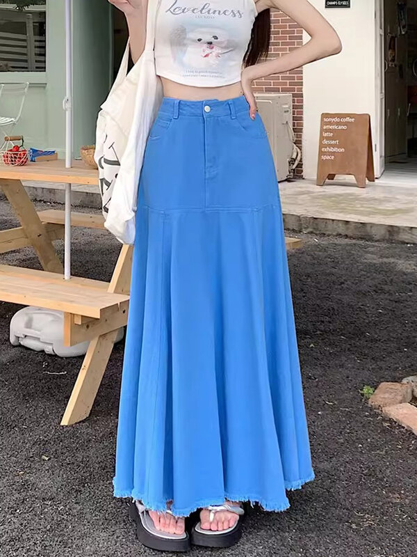 Nouvelle jupe longue d'été en denim pour femmes Jupe à taille haute enveloppant les hanches et longueur de cheville Jupe décontractée à volants bleu vif