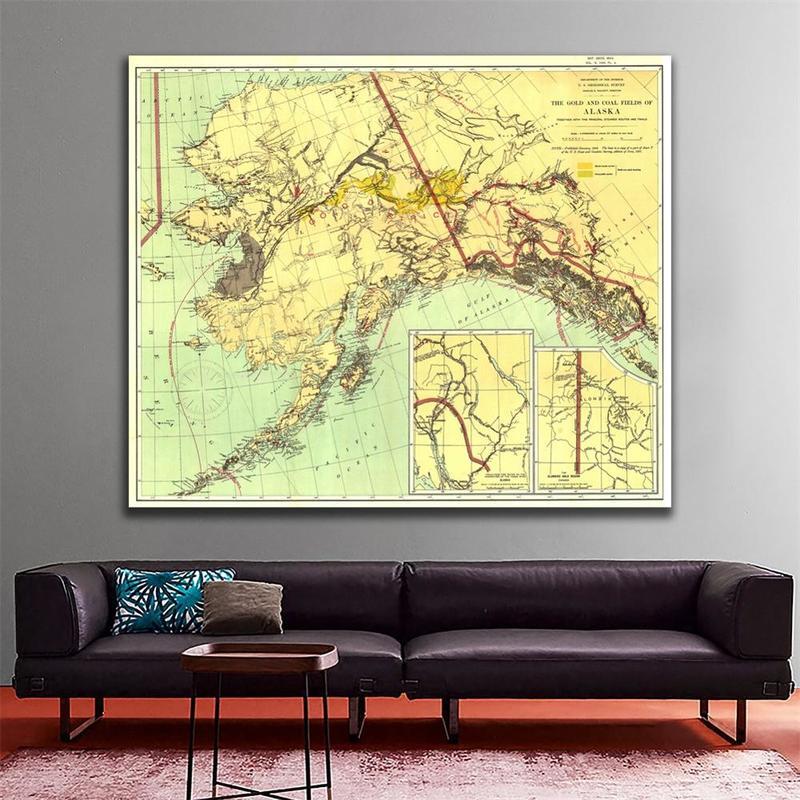 1898 Edition Vintage Decor Map Wall Decor Painting The Gold and Coal Fields of Alaska Map 90x90cm Spray Painting for Living Room