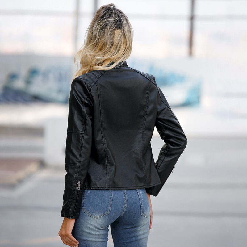 여성용 가죽 재킷, 블랙 PU 가죽 코트, 스탠드업 칼라, 모터 바이커 재킷, 2024 용수철 가을
