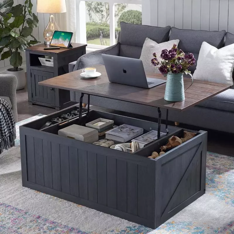 Lift Top Coffee Table with Storage & Sliding Groove Barn Door, W/Double Storage Spaces, Coffee Table