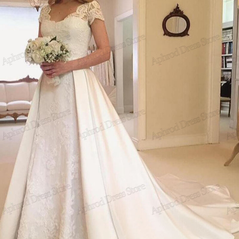Glamorous Wedding Dresses A-Line Satin Bridal Gowns Lace Appliques Cap Sleeves Robes For Formal Party Elegant Vestidos De Novia