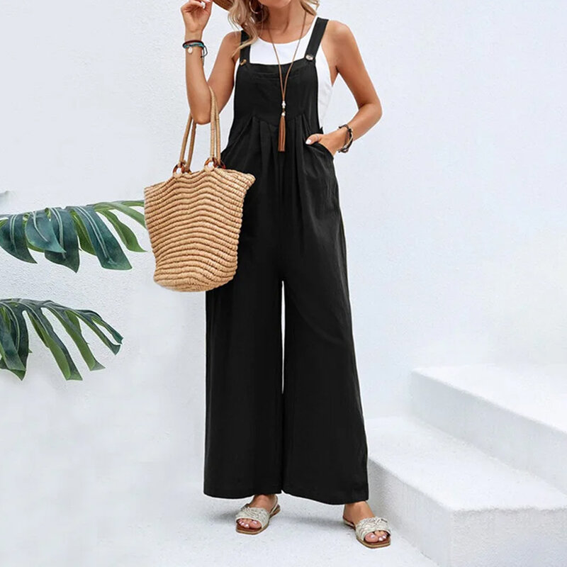 Casual Loose Jumpsuit Women Summer Solid Cotton Linen Straps Wide Leg Pants Dungaree Bib Overalls Sleeveless Oversized Jumpsuits
