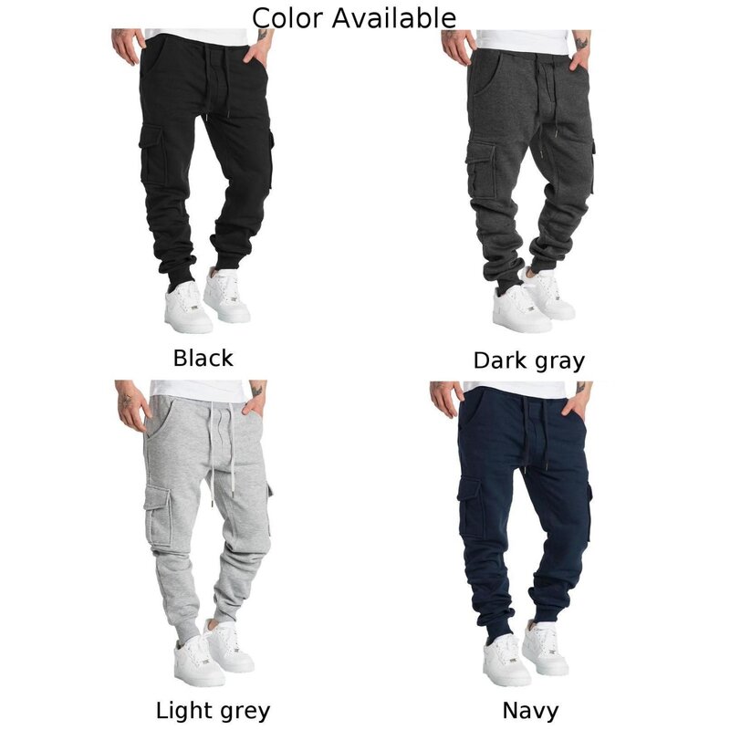 Cozy Fleece Mens Joggers Pants  Drawstring Cargo Trousers  Solid Color Sweatpants for Spring Autumn  Dark Gray