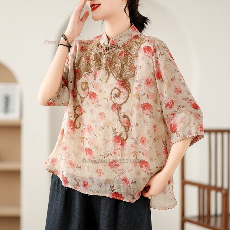 Blusa Chinesa Tradicional para Mulheres, Estampa Nacional de Flores, Bordados Folk, Tops Retro Hanfu, Streetwear Feminino, 2024