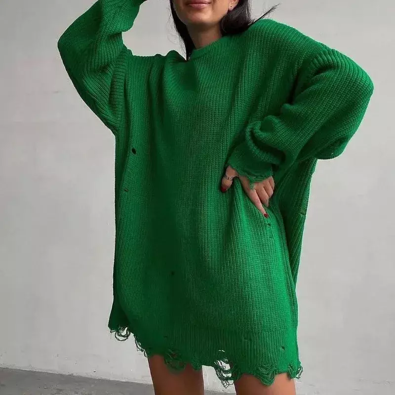 Soild lavorato a maglia foro sciolto maglione di media lunghezza donna natale 2023 inverno girocollo manica lunga pullover Casual top Streetwear