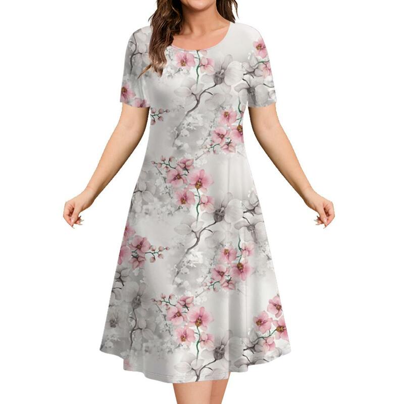 Летние женские платья оверсайз с круглым вырезом, одежда для отпуска, Повседневный пуловер, женское элегантное платье 2024, юбка-трапеция с цветочным принтом