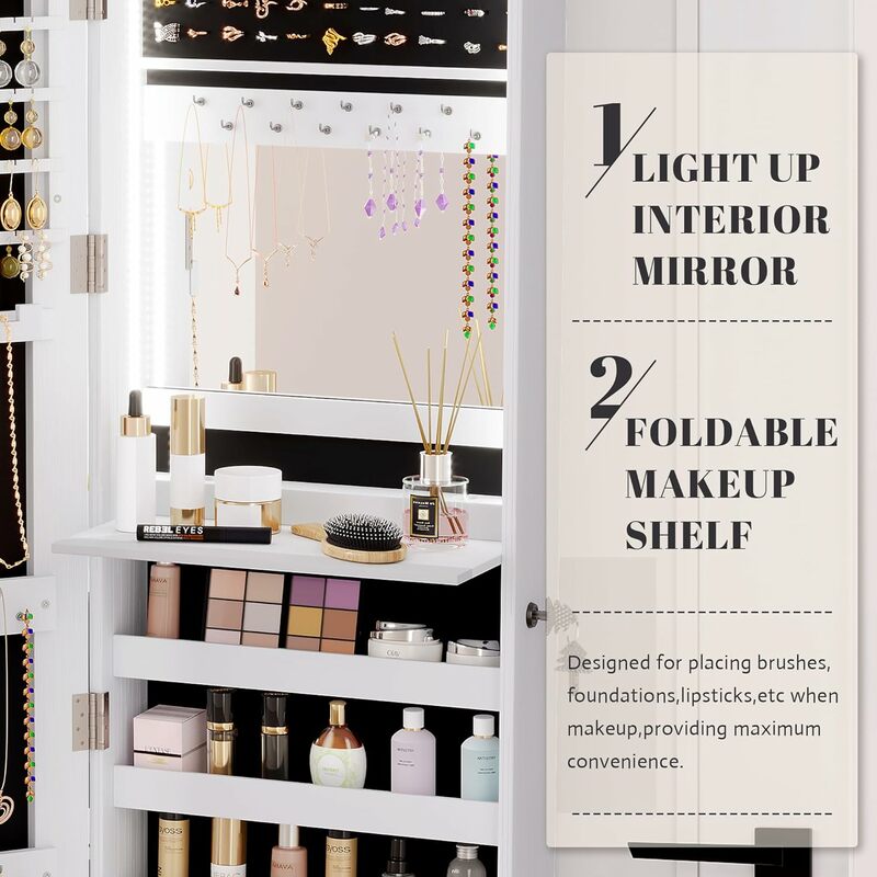 Vlsrka armadietto a specchio per gioielli a LED da 47.2 ", organizzatore di guardaroba per gioielli montato a parete/porta con specchio a figura intera, grande capacità Sto