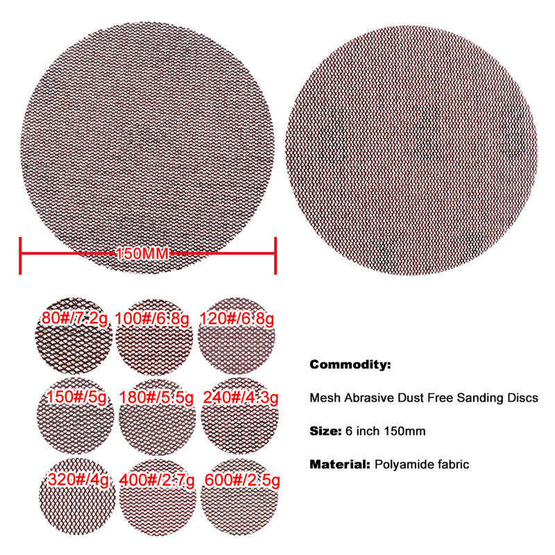 10Pcs 6inch 150mm Mesh Sanding Discs Hook&Loop Abrasive Dust Free Disc Anti-Blocking Sharp Grinding Sandpaper for Wood Furniture