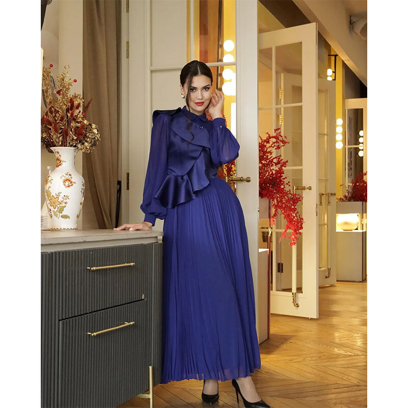 Vintage Long Purple Evening Dresses High Neck Chiffon Long Sleeves A Line Pleated Ankle Length Custom Made for Women Party Gowns
