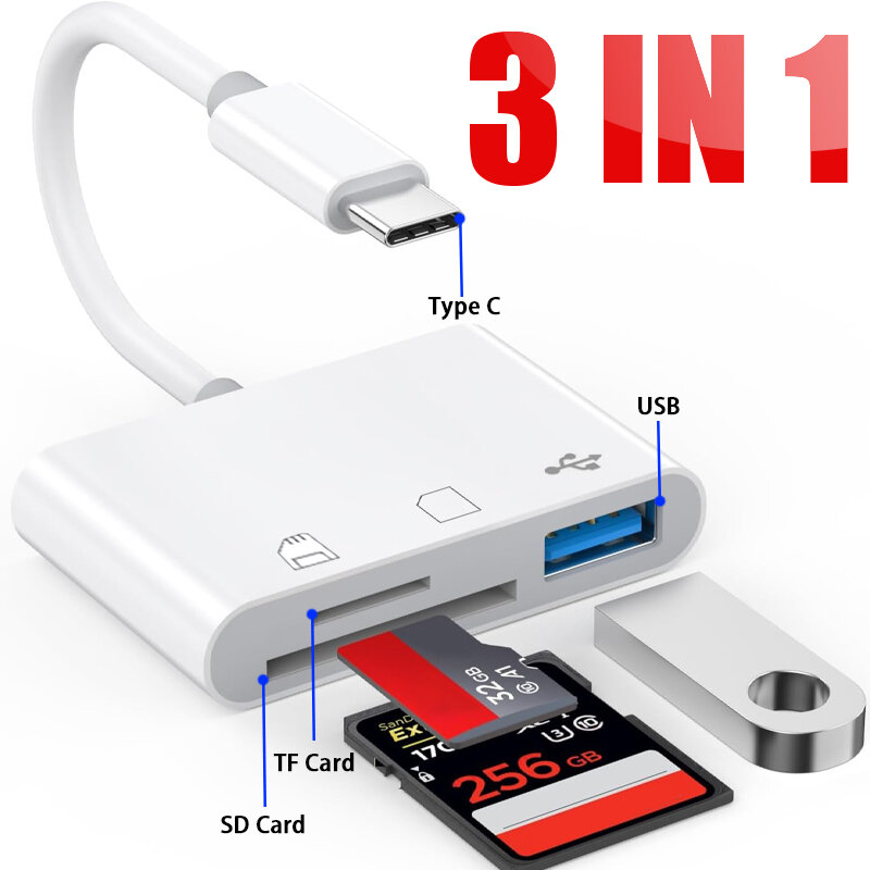 3 in 1 Multifunction TF CF SD Memory Card Reader Sim Cards Adapters USB C TypeC OTG Converter for MacBook Laptop Samsung Xiaomi