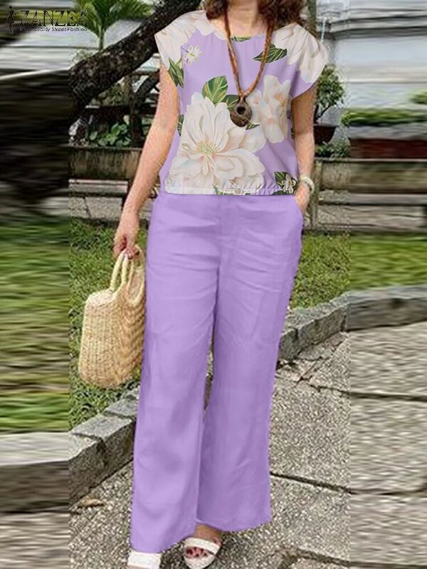 Женские повседневные спортивные костюмы ZANZEA с эластичной талией, топ с цветочным принтом и коротким рукавом, летние прямые брюки, комплект из 2 предметов, праздничные брюки