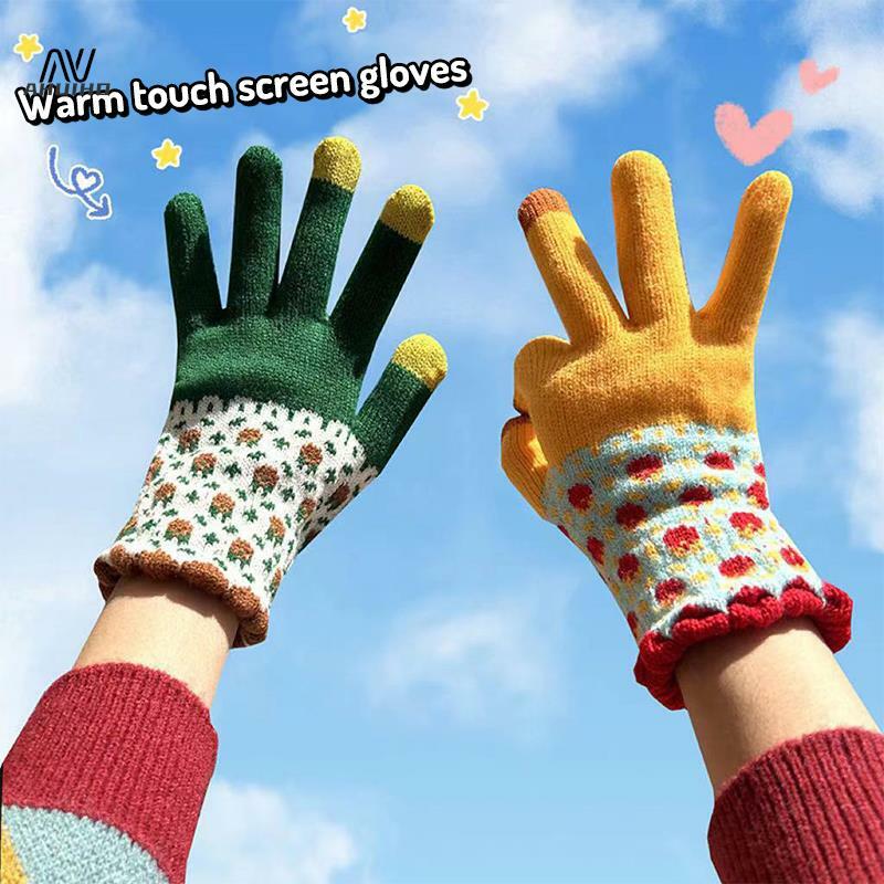 Sarung tangan rajut tahan angin motif bunga wanita, sarung tangan jari penuh kreatif, sarung tangan bersepeda layar sentuh motif bunga untuk wanita