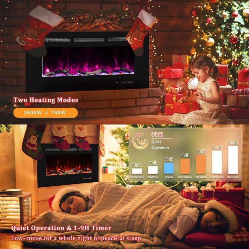 電気埋め込み式電気暖炉、壁掛け式暖炉、13炎の色、リアルなログとクリスタル付き48インチ