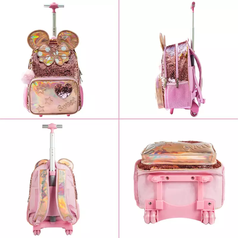 Bikab 3pc sacos de escola para meninas com rodas saco de lantejoulas dos desenhos animados bonito 16 "kids' bagagem mochila trole trolley