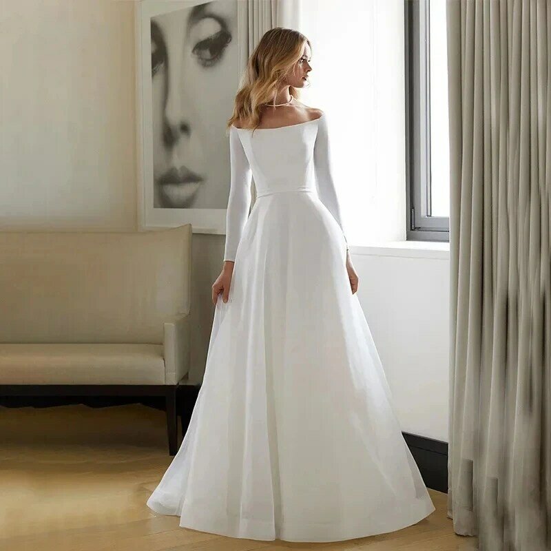 Gaun pengantin A-Line leher perahu gaun pengantin panjang tanpa lengan panjang gaun pengantin buatan kustom 2024 sesuai ukuran 2024