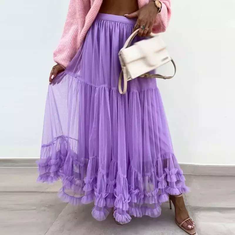 Модная универсальная юбка для поездок в стиле High Street, шикарная сетчатая плиссированная сращивающаяся Милая женская Однотонная юбка, модель OFE15