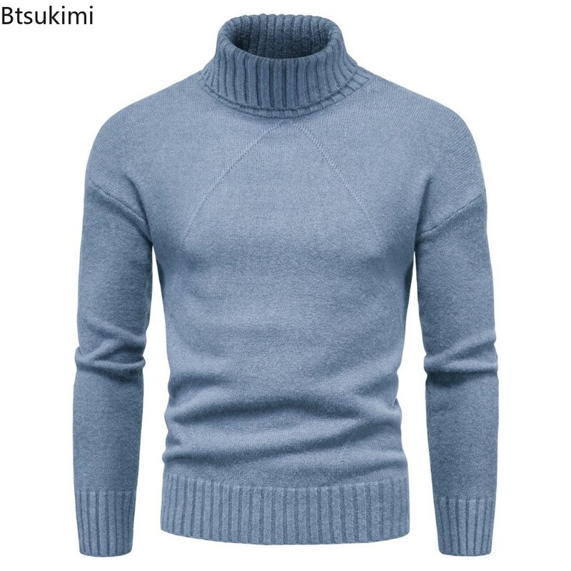 Nowe 2024 męskie zimowe swetry z golfem wysokiej jakości elastyczne ciepłe swetry z solidnym Slim, dziany bluzkami dla mężczyzn