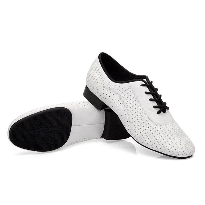 Zapatos de salón de piel auténtica para hombre, calzado moderno de dos puntos para exteriores, suela de gamuza de goma para interiores, tacón bajo, zapatos de baile cuadrado latino, color blanco