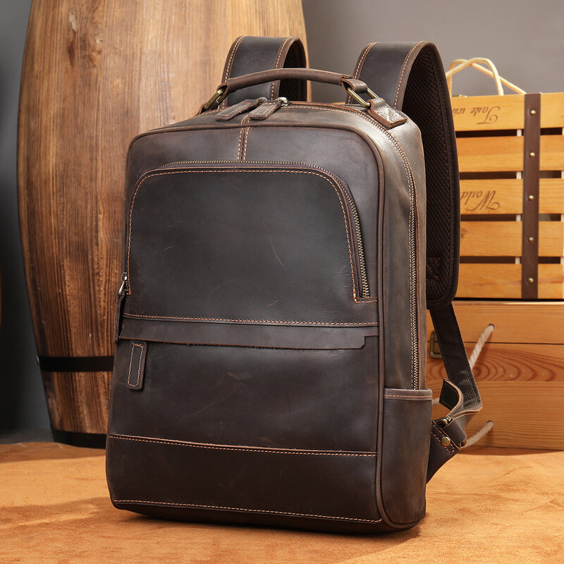 dropshipping leather backpack vintage bagpacks for men male travel crazy horse men's pack A4 school 14 inch