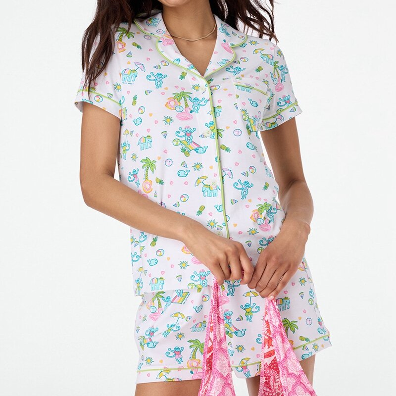 Kawaii Cartoon Print Lounge Pyjama Nachtwäsche Frauen Kurzarm Bluse Shirt Top Shorts y2k Vintage bequeme 2 Stück Set Outfits