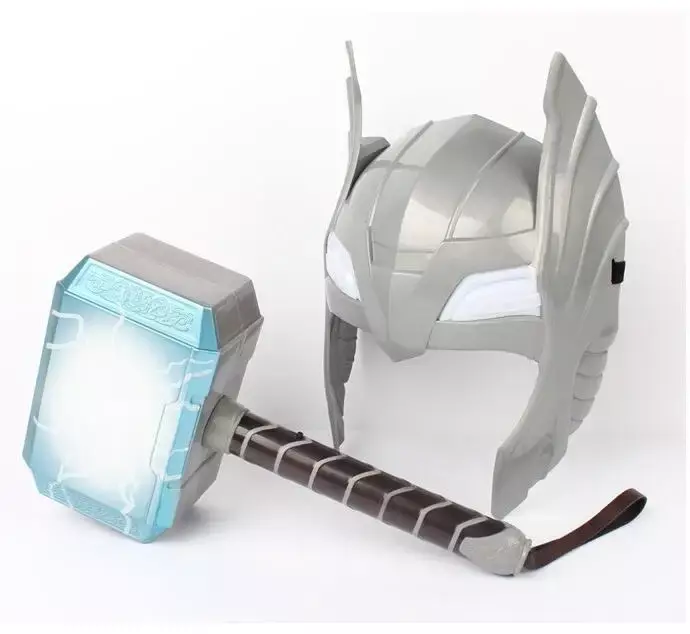 Cosplay pahlawan Thor lampu LED bercahaya terdengar helm masker senjata palu jubah pakaian set model mainan kostum hadiah pesta