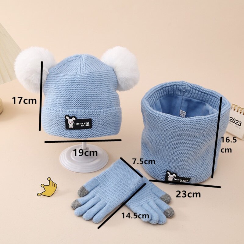 Knitted Hats Scarf Gloves Set Plush Thermal Outdoor Warmth Children Set Double Ball Winter Warm Ear Protection Wool Hat