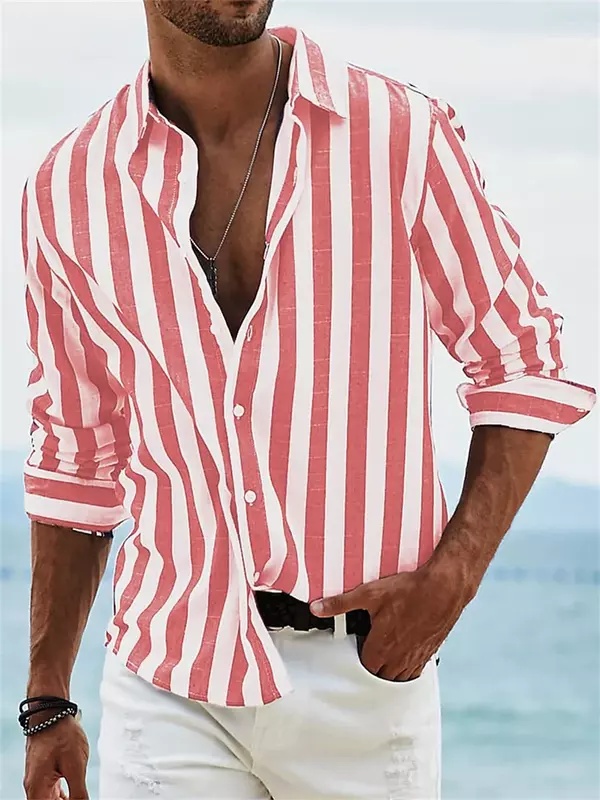 Moda męska w paski Retro biuro na co dzień na zewnątrz nadmorska plaża wiosna lato miękkie wygodne koszula z guzikami Plus rozmiar S-6XL