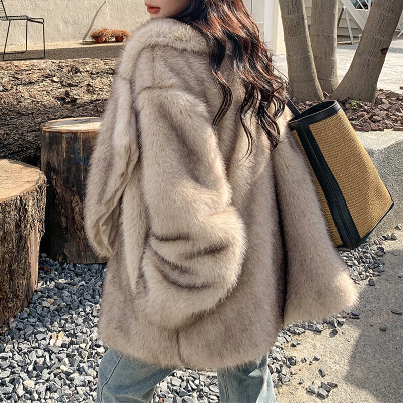 Пушистая Меховая куртка большого размера с отложным воротником, женская зимняя теплая однотонная куртка из искусственного меха, длинная Роскошная брендовая Свободная верхняя одежда, модная одежда