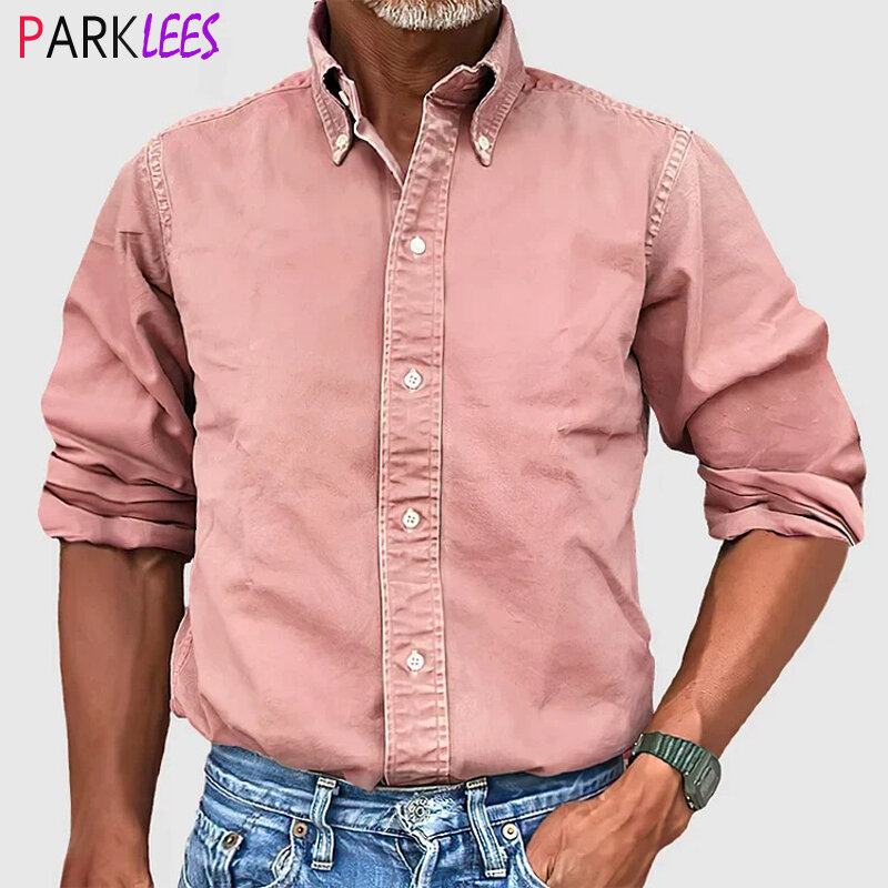 Мужская винтажная рубашка на пуговицах, Повседневная рубашка розового цвета с длинным рукавом, рабочая одежда, размеры XXXL, 2024