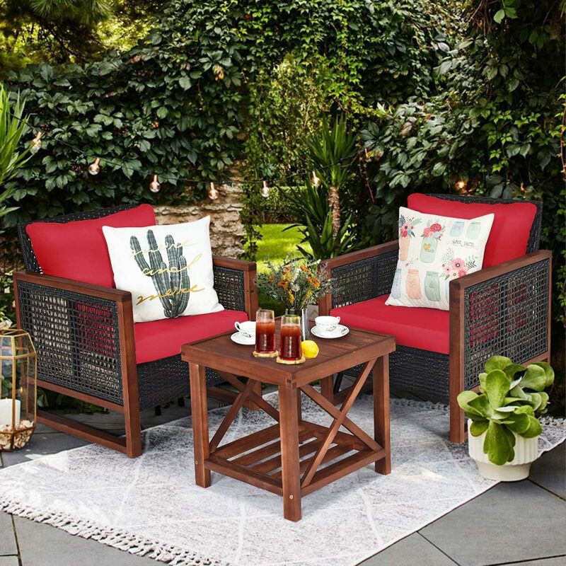 3 Pieces Patio Wicker Furniture Set, Rattan Outdoor Sofa Set w/Washable Cushion & Wood Coffee Table, Conversation Bistro Set