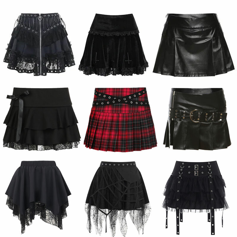 Mini-saia gótica de cintura alta feminina, preta, estilo Y2K, Harajuku, punk, gótica, escura, grunge, streetwear, roupas femininas, novo, 2021