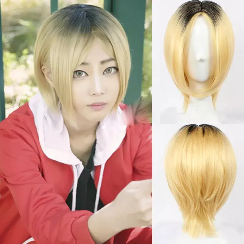 Anime Haikyuu!! Wig pendek Cosplay Kenma Kozume, kostum Bob kuning pendek, wig Permainan kostum Halloween, rambut palsu