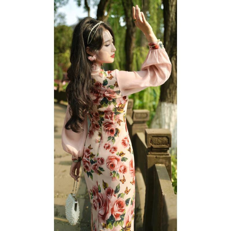 Gaun Qipao peningkatan gaya Tiongkok, gaun Cheongsam harian wanita elegan mawar merah muda dimodifikasi Musim Semi Baru Vintage lengan panjang